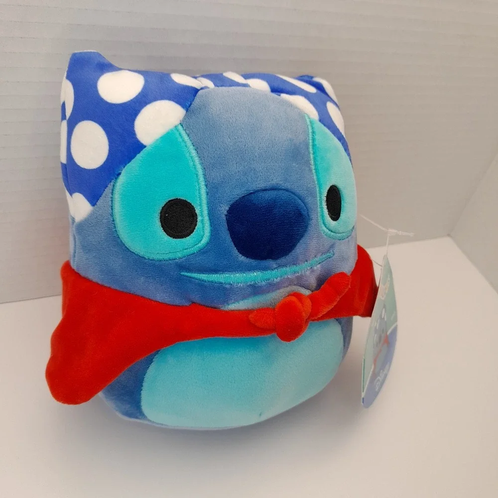 Squishmallows Disney Stitch Plush Blue Polka Dot Headband Red Cape 6 inch NWT